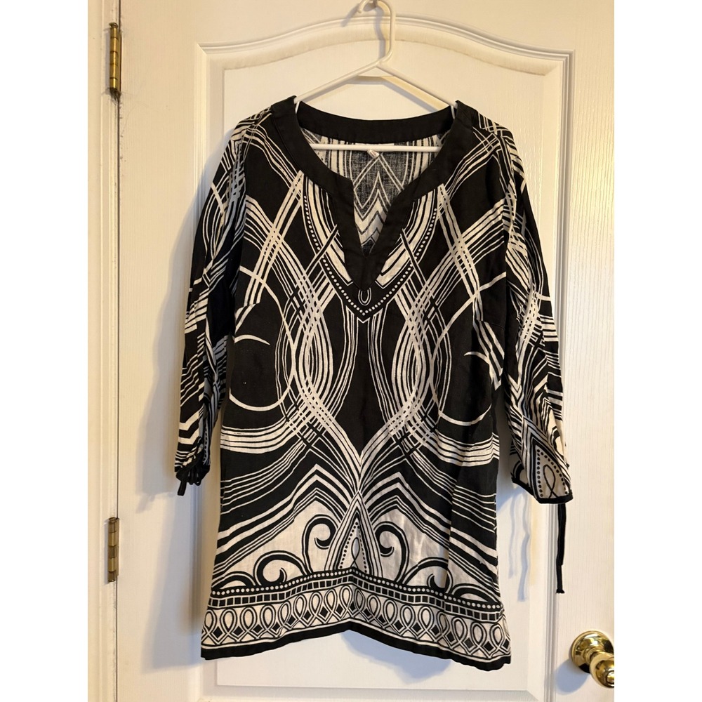 JMโ Collection Tunic Women 18W Black Excellent Linen Geometric Tribal Split Neck